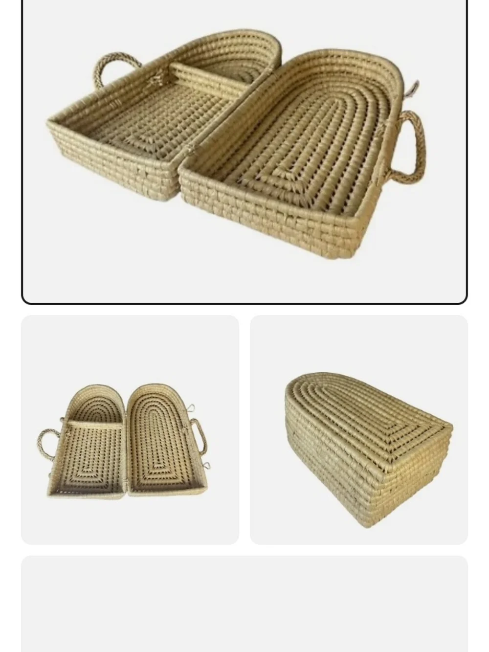 Vintage Hand Woven Coil Basket with Handles & Lid Carry All Storage Oval Wicker